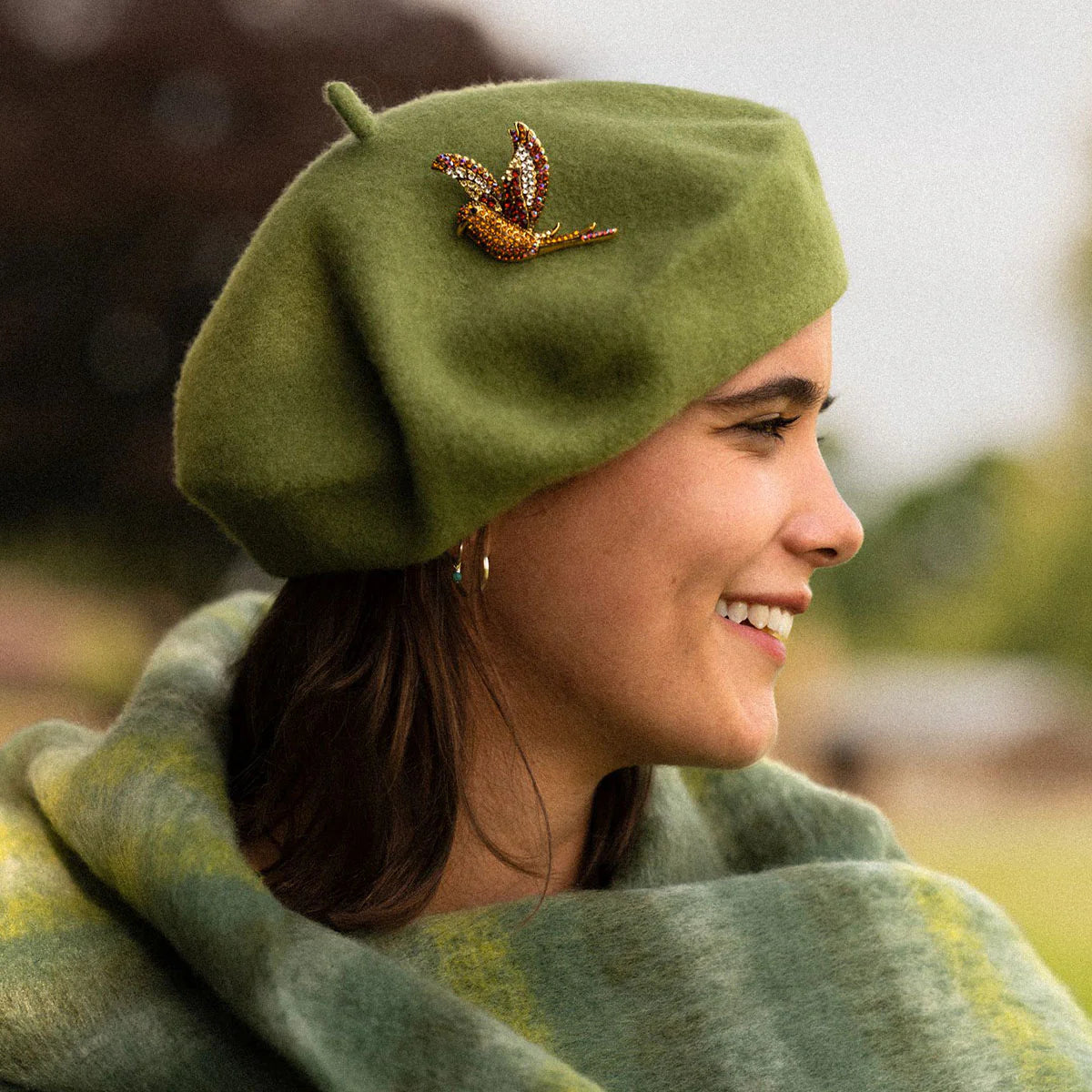 Green Fleur Wool Beret