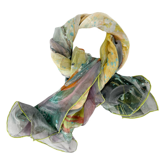 A silk scarf laid out in a knot shape, with lilac, yellow and grey colours from the Three Graces design.