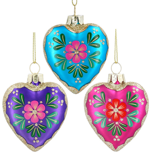 Floral Glass Heart Christmas Decoration