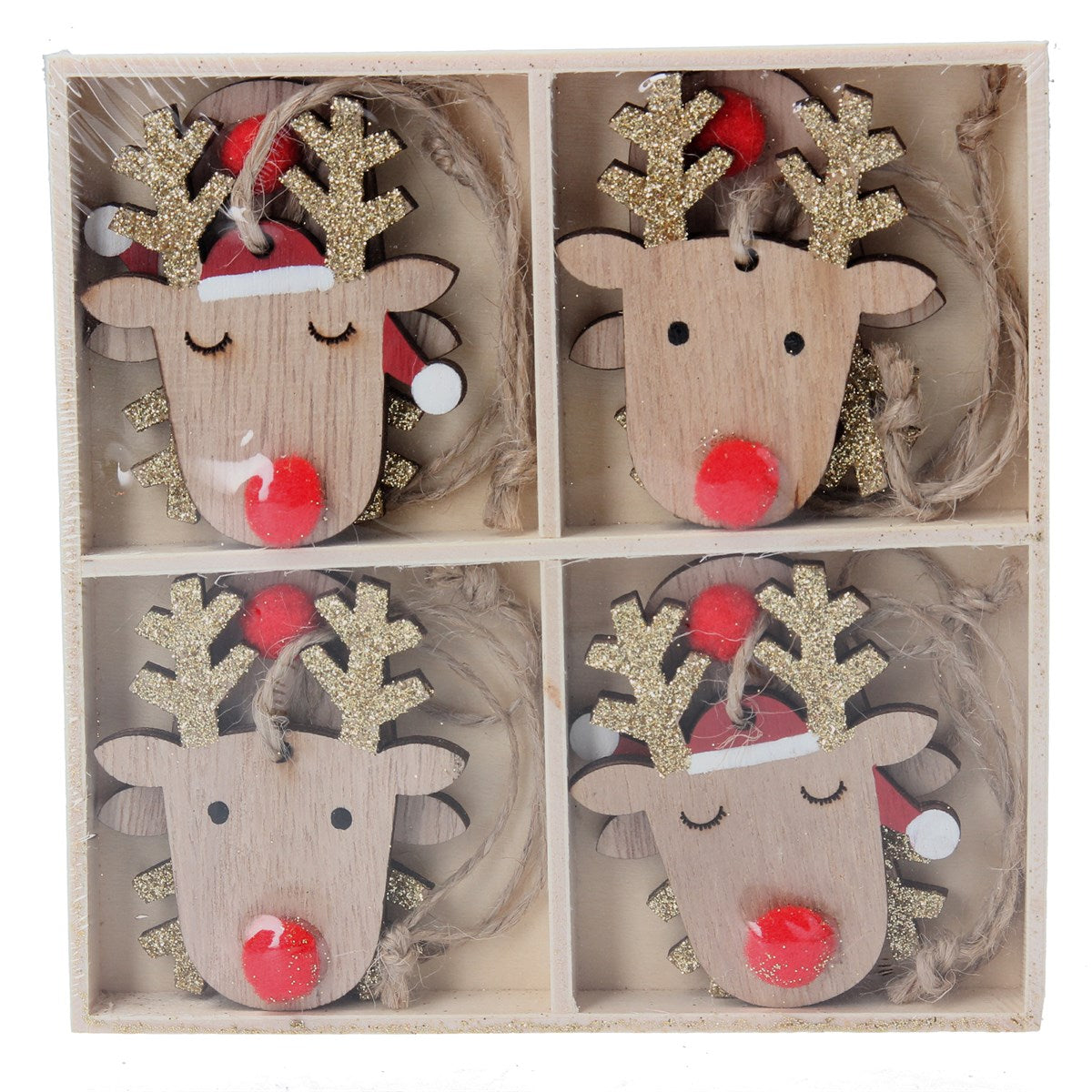 Wood Reindeer with Red Nose Christmas Decoration