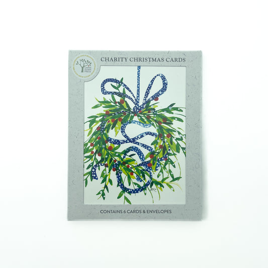 Blue Ribbon Wreath Christmas Cards