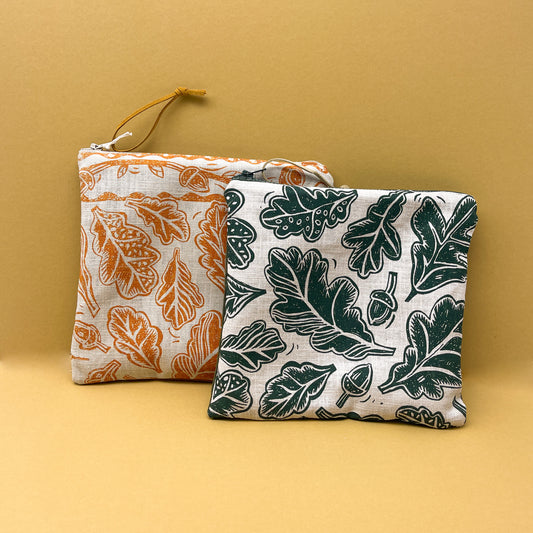 Green Hand Printed Linen Oak Leaf Bag