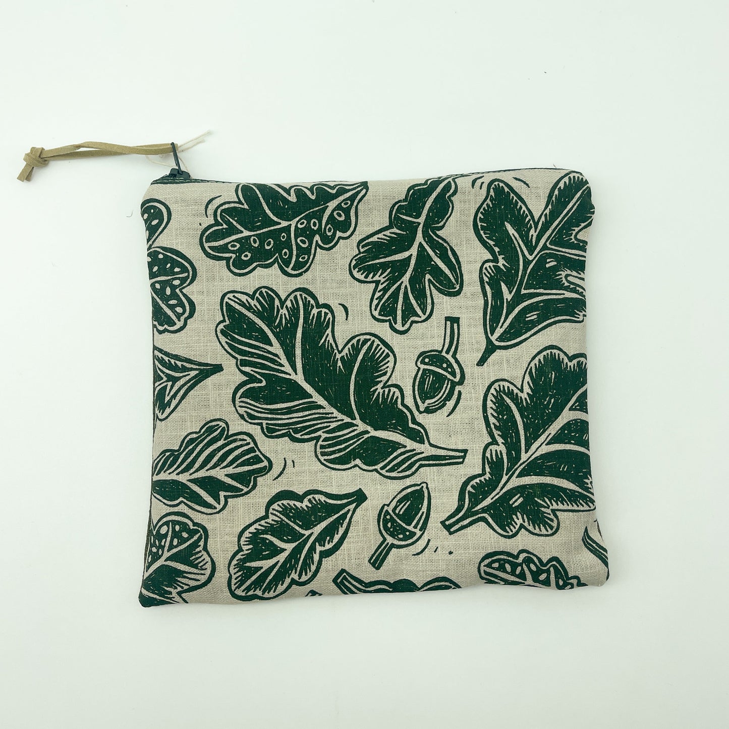 Green Hand Printed Linen Oak Leaf Bag