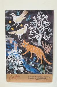 A poster featuring folk artwork by Mark Hearld of a ginger cat, birds and nature.