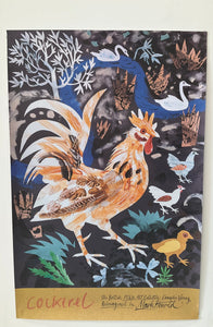 A poster featuring folk artwork by Mark Hearld of an orange cockerel on a dark background with birds, plants and a river.