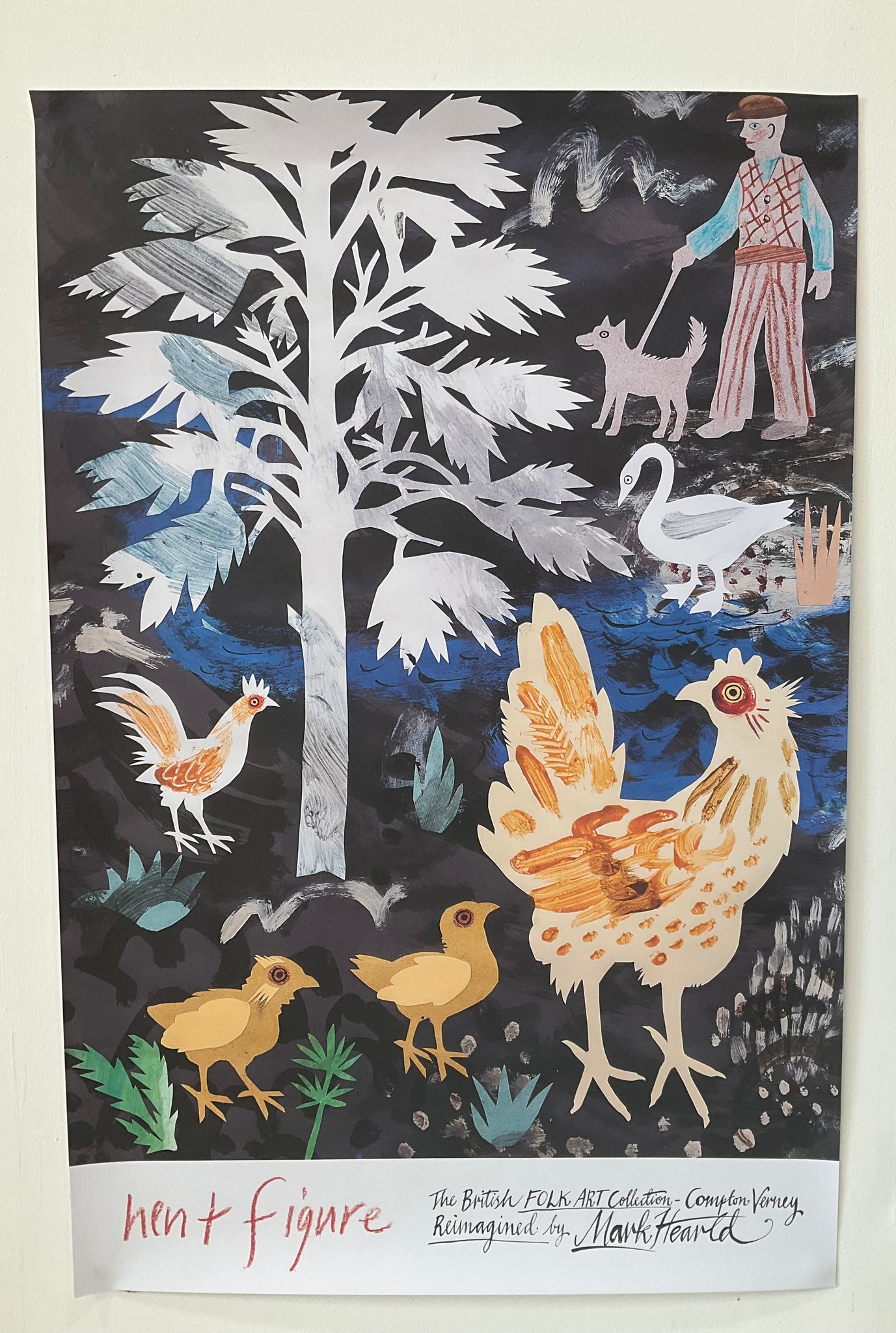 A poster featuring folk artwork by Mark Hearld of a hen, chicks, a tree and a man with his dog, on a dark background.