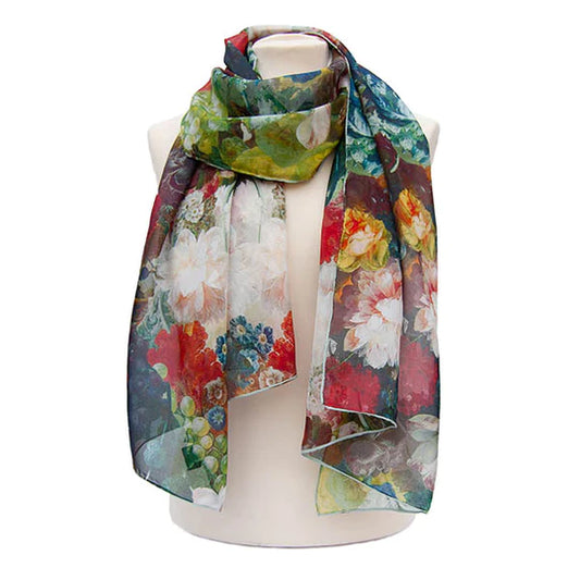 A beautiful silk chiffon scarf modelled on ‘Fruit and Flowers in a Terracotta Vase’ by the celebrated Dutch artist Jan van Os,    This wonderfully created scarf will brighten up any outfit. 